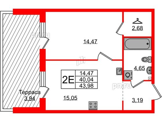 Квартира в ЖК Лисино, 1 комнатная, 43.98 м², 1 этаж