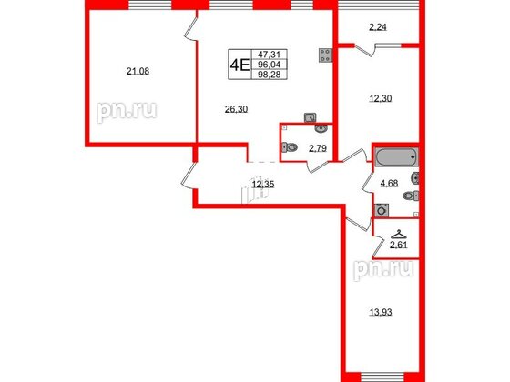 Квартира в ЖК Лисино, 3 комнатная, 98.28 м², 2 этаж