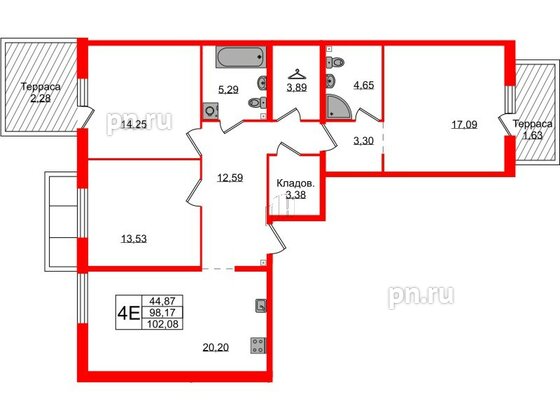 Квартира в ЖК Лисино, 3 комнатная, 102.08 м², 1 этаж