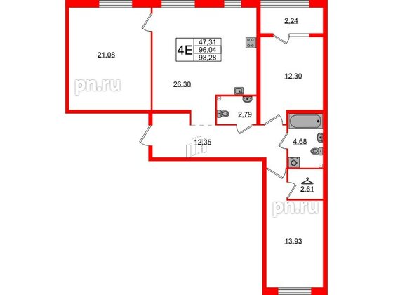 Квартира в ЖК Лисино, 3 комнатная, 98.28 м², 2 этаж