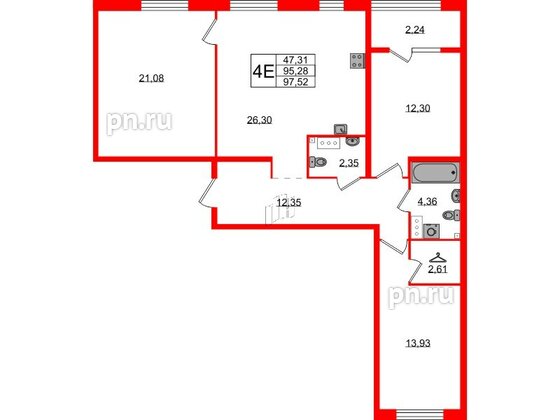 Квартира в ЖК Лисино, 3 комнатная, 97.52 м², 3 этаж