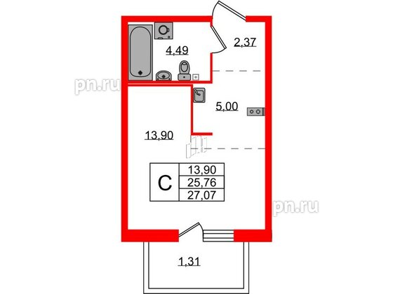 Квартира в ЖК Лисино, студия, 27.07 м², 2 этаж