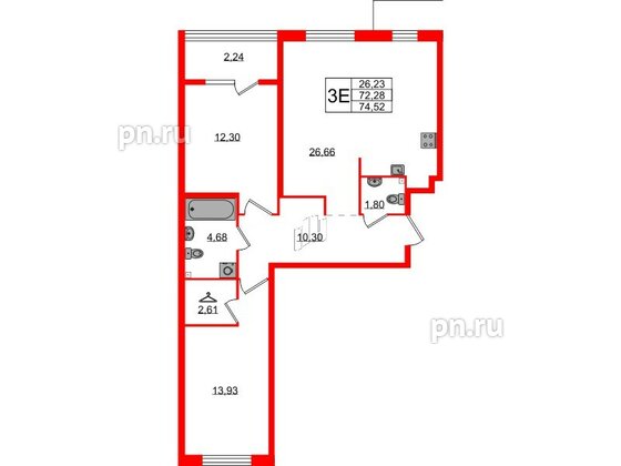 Квартира в ЖК Лисино, 2 комнатная, 74.52 м², 2 этаж