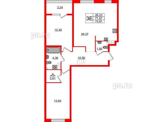 Квартира в ЖК Лисино, 2 комнатная, 73.91 м², 4 этаж