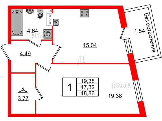 Квартира в ЖК Лисино, 1 комнатная, 48.86 м², 4 этаж