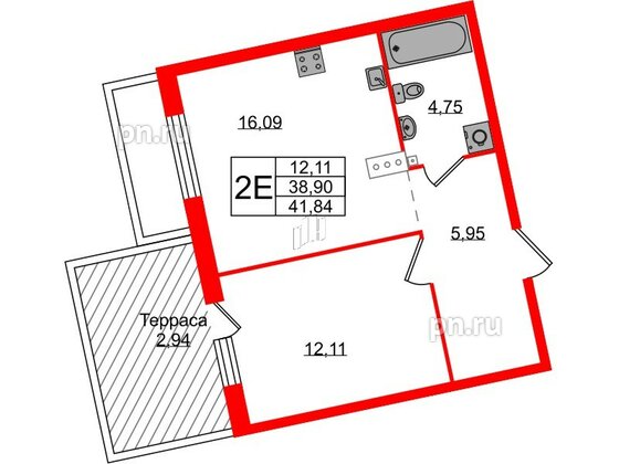 Квартира в ЖК Лисино, 1 комнатная, 41.84 м², 1 этаж