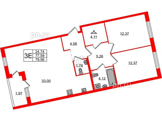 Квартира в ЖК Лисино, 2 комнатная, 79.56 м², 1 этаж