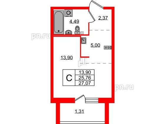 Квартира в ЖК Лисино, студия, 27.07 м², 2 этаж