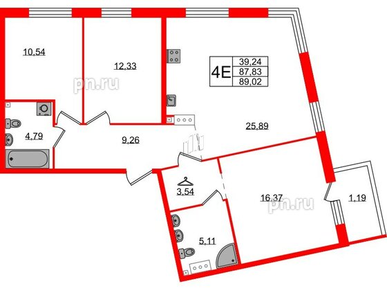 Квартира в ЖК Лисино, 3 комнатная, 89.02 м², 2 этаж