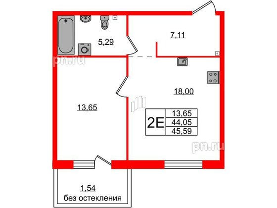 Квартира в ЖК Лисино, 1 комнатная, 45.5 м², 2 этаж