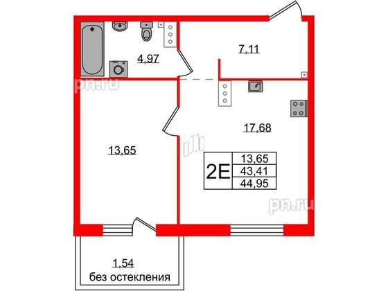 Квартира в ЖК Лисино, 1 комнатная, 44.95 м², 3 этаж