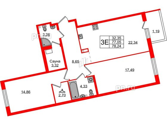 Квартира в ЖК Лисино, 2 комнатная, 78.24 м², 1 этаж