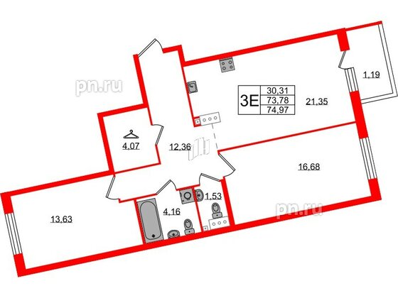 Квартира в ЖК Лисино, 2 комнатная, 74.97 м², 2 этаж