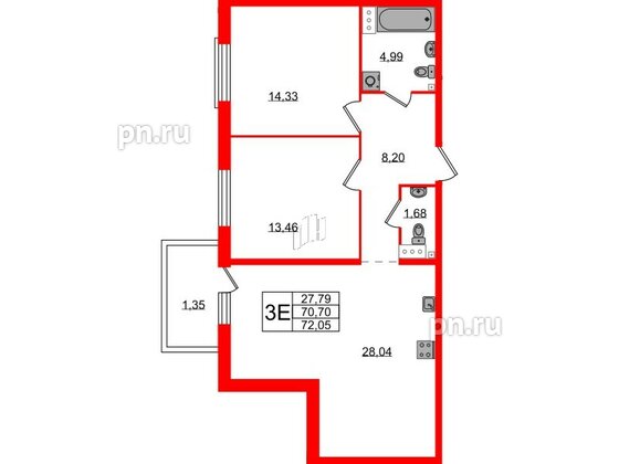 Квартира в ЖК Лисино, 2 комнатная, 72.05 м², 4 этаж