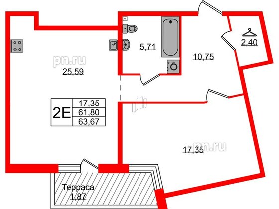 Квартира в ЖК Лисино, 1 комнатная, 63.67 м², 1 этаж