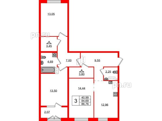 Квартира в ЖК Лисино, 3 комнатная, 86.76 м², 2 этаж