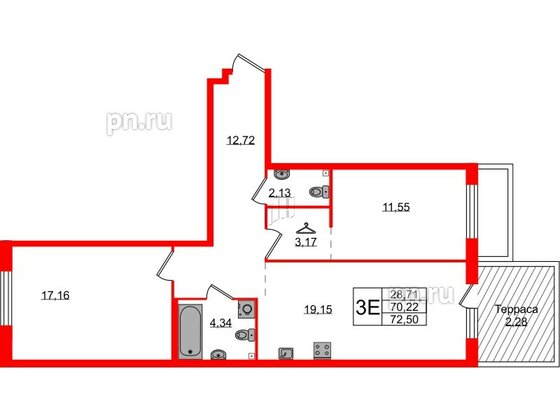 Квартира в ЖК Лисино, 2 комнатная, 72.5 м², 1 этаж