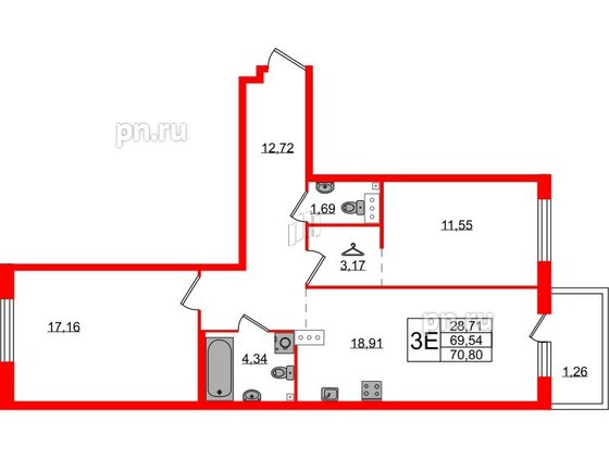 Квартира в ЖК Лисино, 2 комнатная, 70.8 м², 4 этаж