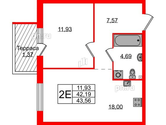 Квартира в ЖК Лисино, 1 комнатная, 43.56 м², 1 этаж