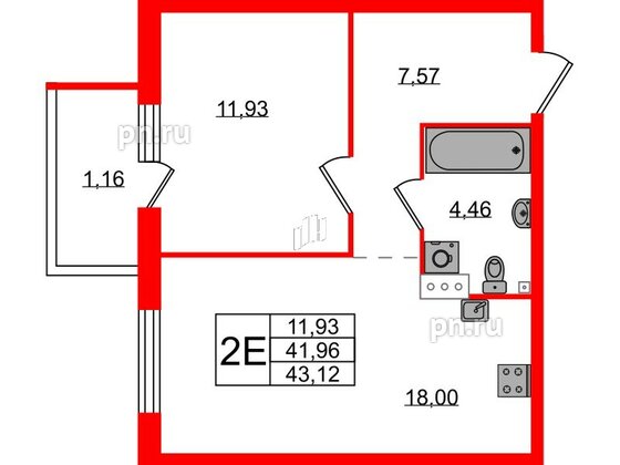 Квартира в ЖК Лисино, 1 комнатная, 43.12 м², 2 этаж