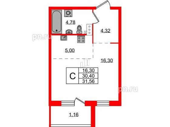 Квартира в ЖК Лисино, студия, 31.56 м², 3 этаж