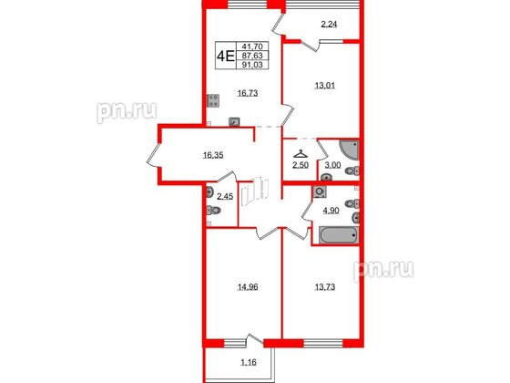 Квартира в ЖК Лисино, 3 комнатная, 91.03 м², 2 этаж