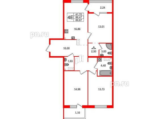 Квартира в ЖК Лисино, 3 комнатная, 89.87 м², 3 этаж