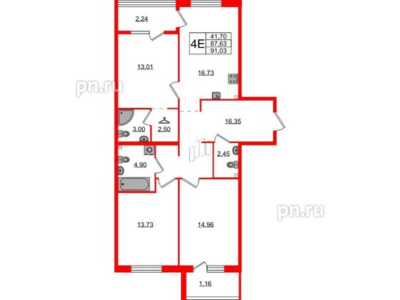 Квартира в ЖК Лисино, 3 комнатная, 91.03 м², 2 этаж