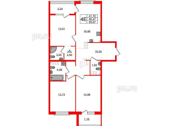 Квартира в ЖК Лисино, 3 комнатная, 89.87 м², 4 этаж