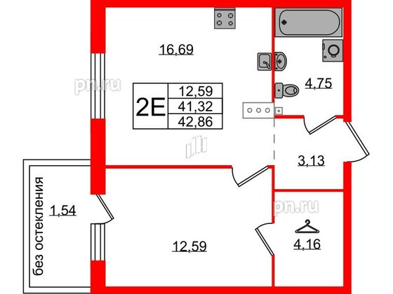 Квартира в ЖК Лисино, 1 комнатная, 42.86 м², 3 этаж