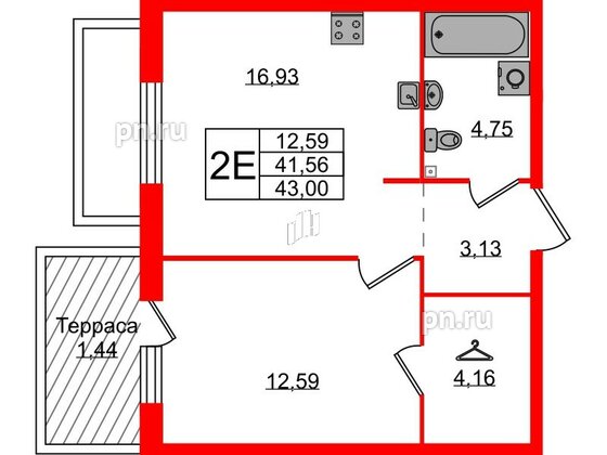 Квартира в ЖК Лисино, 1 комнатная, 43 м², 1 этаж