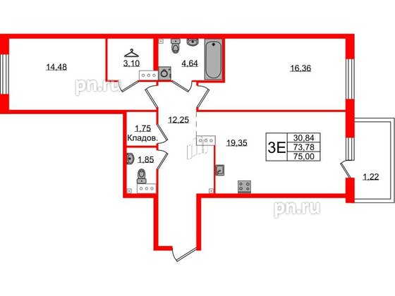 Квартира в ЖК Лисино, 2 комнатная, 75 м², 4 этаж