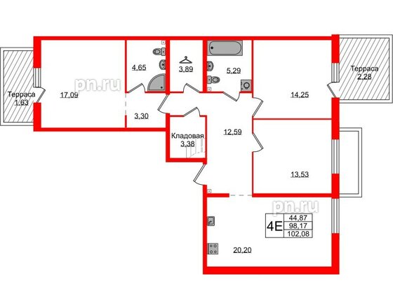 Квартира в ЖК Лисино, 3 комнатная, 102.08 м², 1 этаж