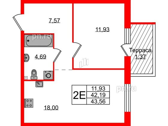 Квартира в ЖК Лисино, 1 комнатная, 43.56 м², 1 этаж