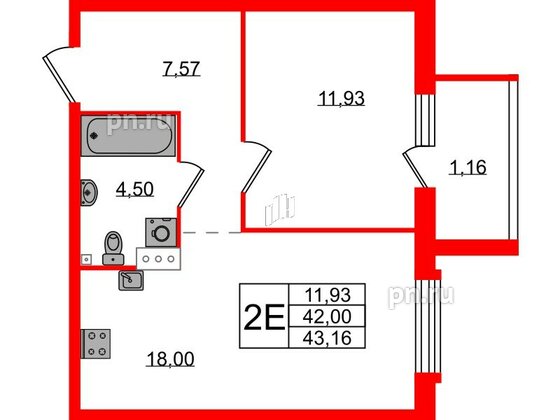 Квартира в ЖК Лисино, 1 комнатная, 42 м², 2 этаж