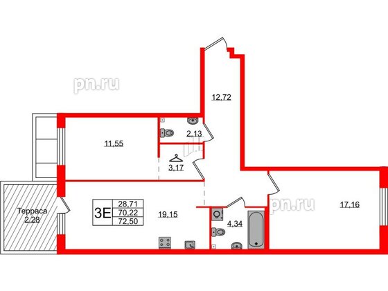 Квартира в ЖК Лисино, 2 комнатная, 72.5 м², 1 этаж