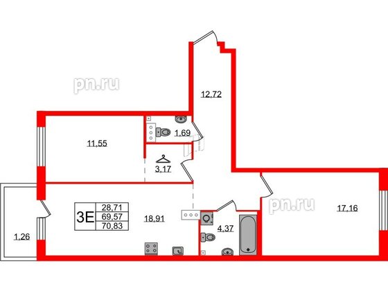 Квартира в ЖК Лисино, 2 комнатная, 70.83 м², 2 этаж