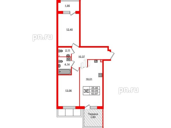 Квартира в ЖК Лисино, 2 комнатная, 63.97 м², 1 этаж