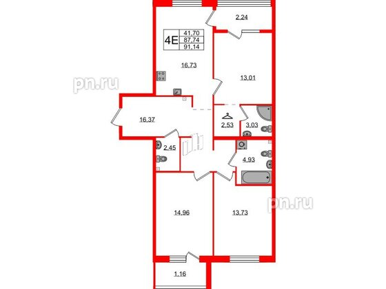 Квартира в ЖК Лисино, 3 комнатная, 91.14 м², 2 этаж