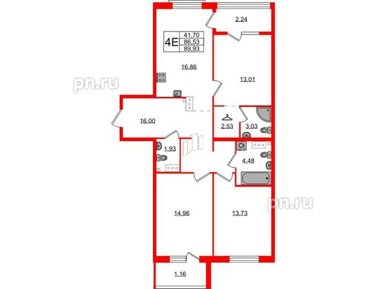 Квартира в ЖК Лисино, 3 комнатная, 89.93 м², 3 этаж