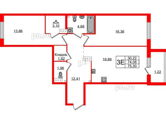 Квартира в ЖК Лисино, 2 комнатная, 75.3 м², 2 этаж