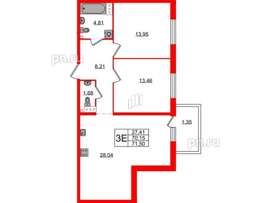 Квартира в ЖК Лисино, 2 комнатная, 71.5 м², 2 этаж