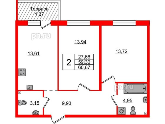 Квартира в ЖК Лисино, 2 комнатная, 60.67 м², 1 этаж