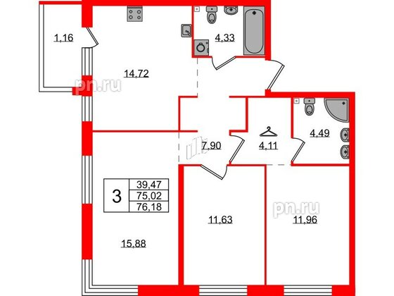 Квартира в ЖК Лисино, 3 комнатная, 76.18 м², 2 этаж