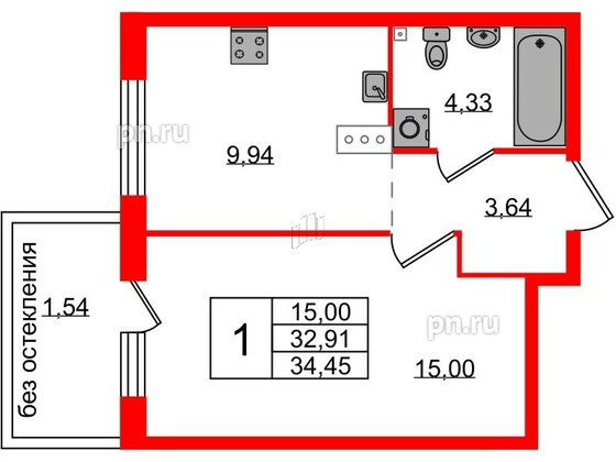 Квартира в ЖК Лисино, 1 комнатная, 34.45 м², 4 этаж