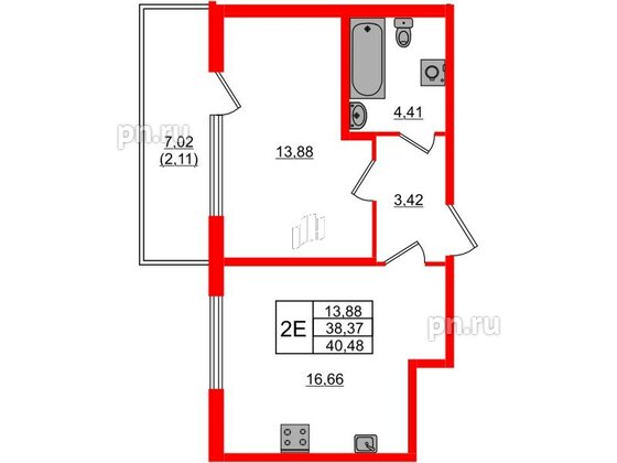 Квартира в ЖК Регенбоген, 1 комнатная, 40.48 м², 2 этаж