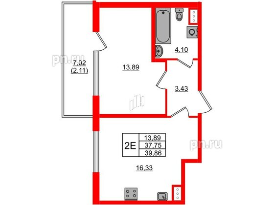 Квартира в ЖК Регенбоген, 1 комнатная, 39.86 м², 3 этаж