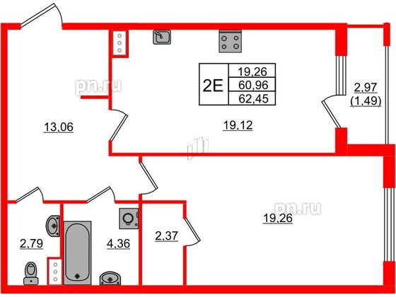 Квартира в ЖК Регенбоген, 1 комнатная, 62.45 м², 4 этаж