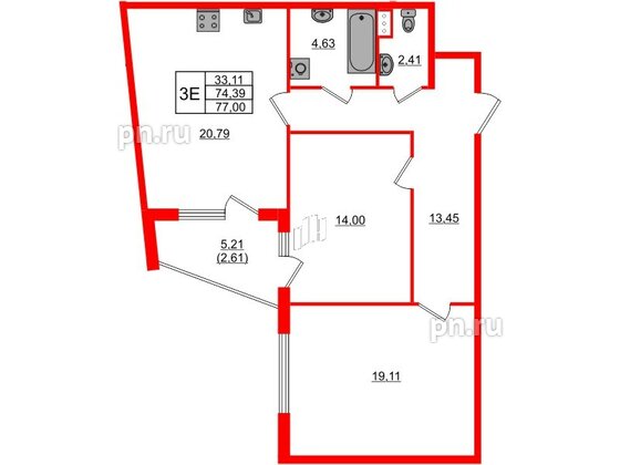 Квартира в ЖК Регенбоген, 2 комнатная, 77 м², 3 этаж