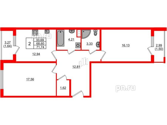 Квартира в ЖК Регенбоген, 2 комнатная, 71.74 м², 3 этаж